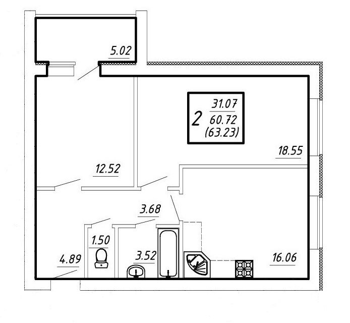 Продаётся 2-комнатная квартира, 60.72 м²