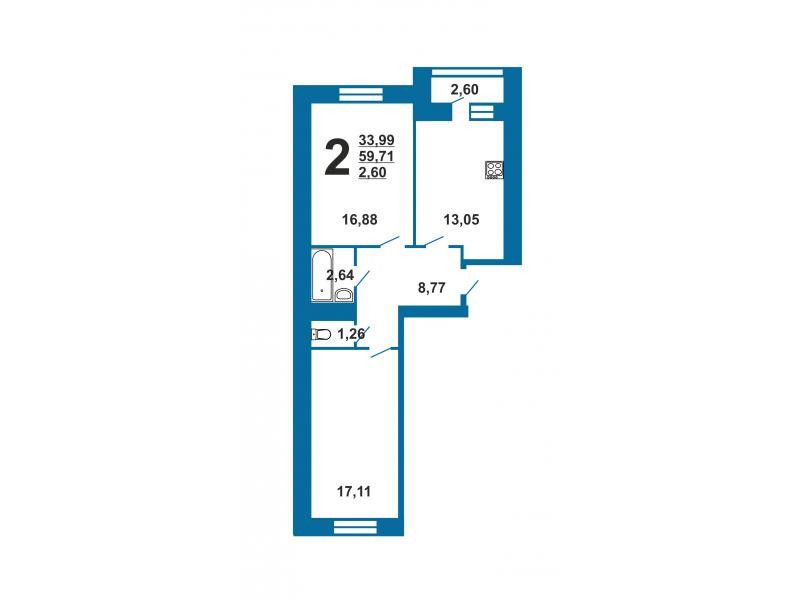 Продаётся 2-комнатная квартира, 60.3 м²