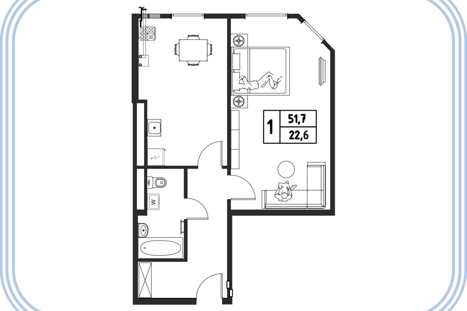 Продаётся 1-комнатная квартира, 51.6 м²