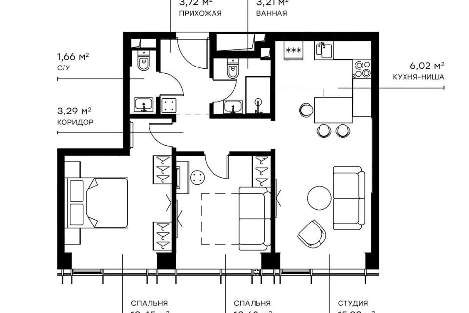 Продаётся 2-комнатная квартира, 57.89 м²