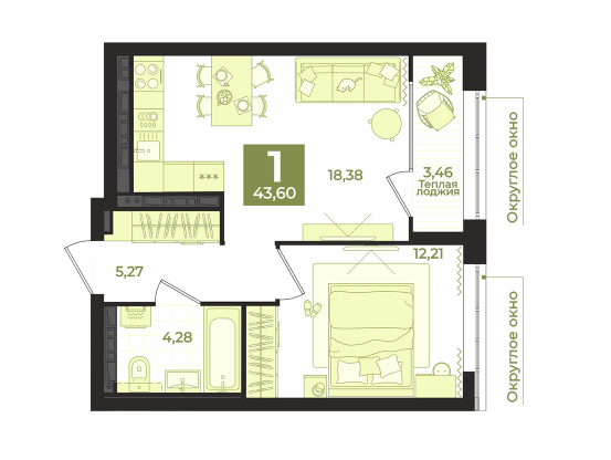 Продаётся 1-комнатная квартира, 43.6 м²