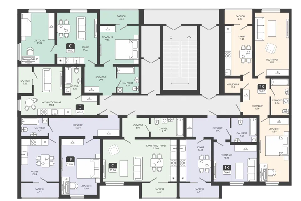 Продаётся 1-комнатная квартира, 44.69 м²