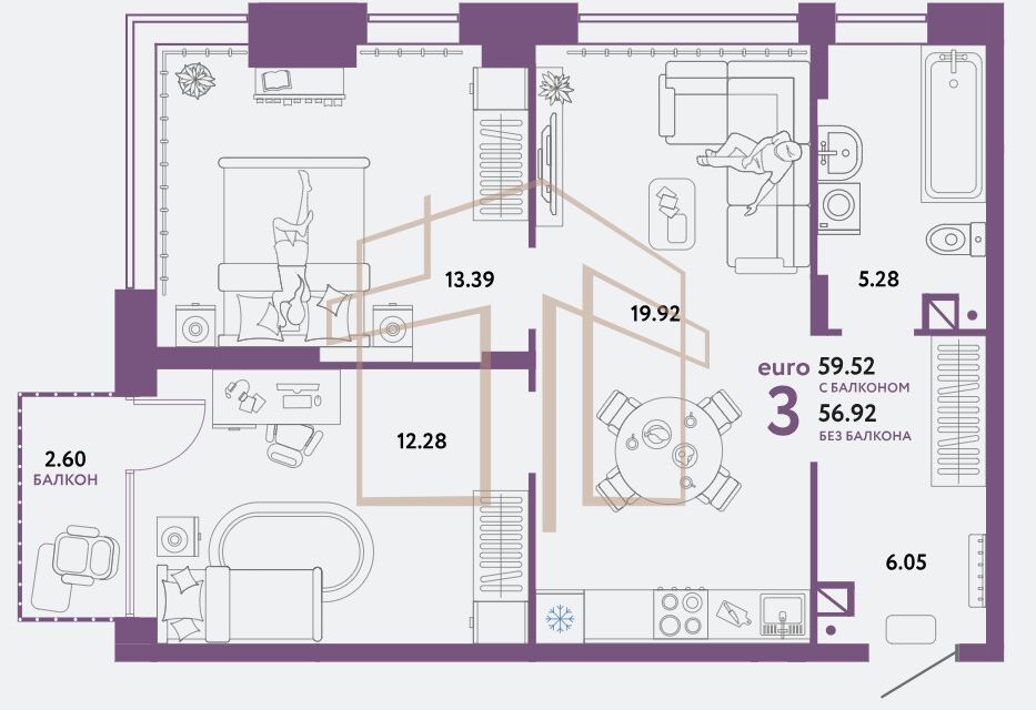 Продаётся 2-комнатная квартира, 56.92 м²
