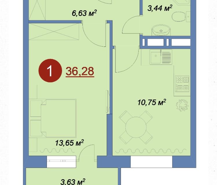 Продаётся 1-комнатная квартира, 36 м²