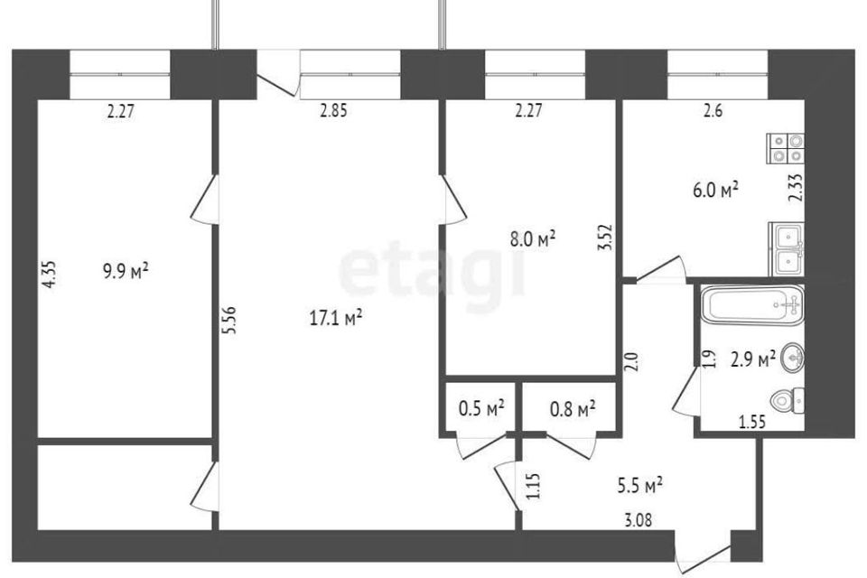 Продаётся 3-комнатная квартира, 66.74 м²