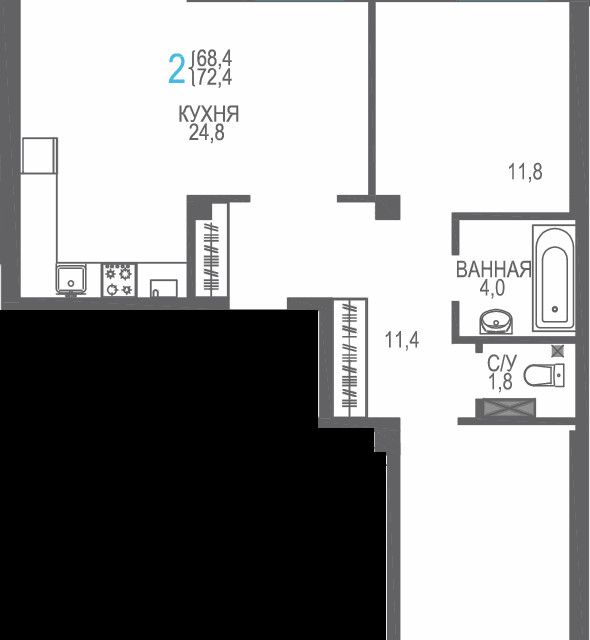 Продаётся 2-комнатная квартира, 72.4 м²