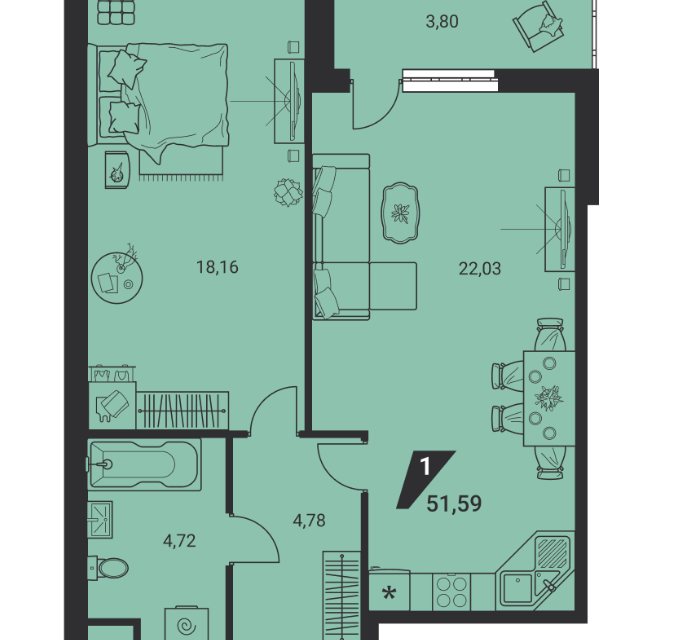 Продаётся 1-комнатная квартира, 52 м²