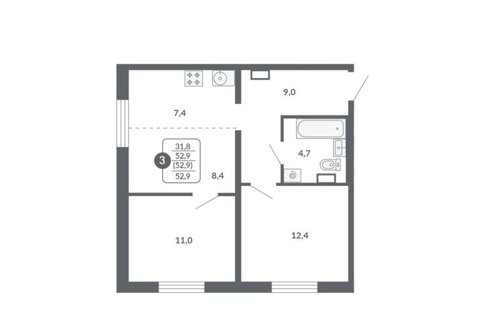 Продаётся 3-комнатная квартира, 52.9 м²