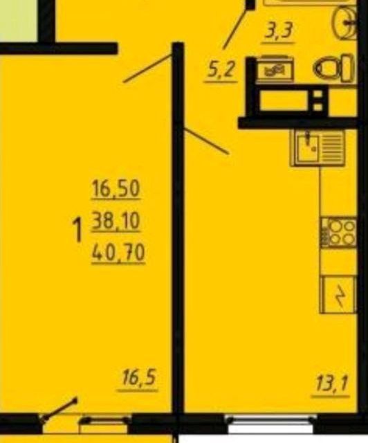 Продаётся 1-комнатная квартира, 38.1 м²