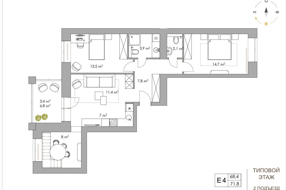 Продаётся 3-комнатная квартира, 68.3 м²