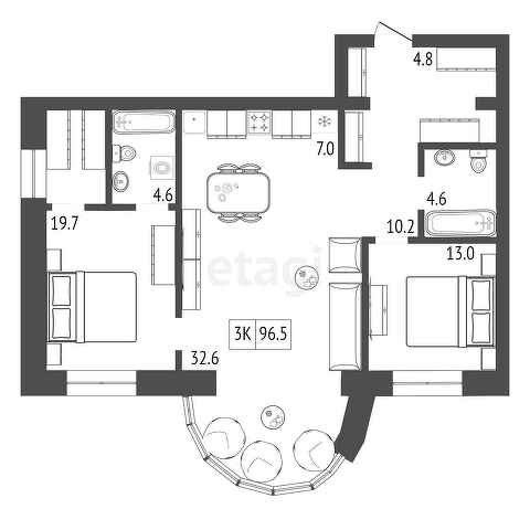 Продаётся 2-комнатная квартира, 96.5 м²
