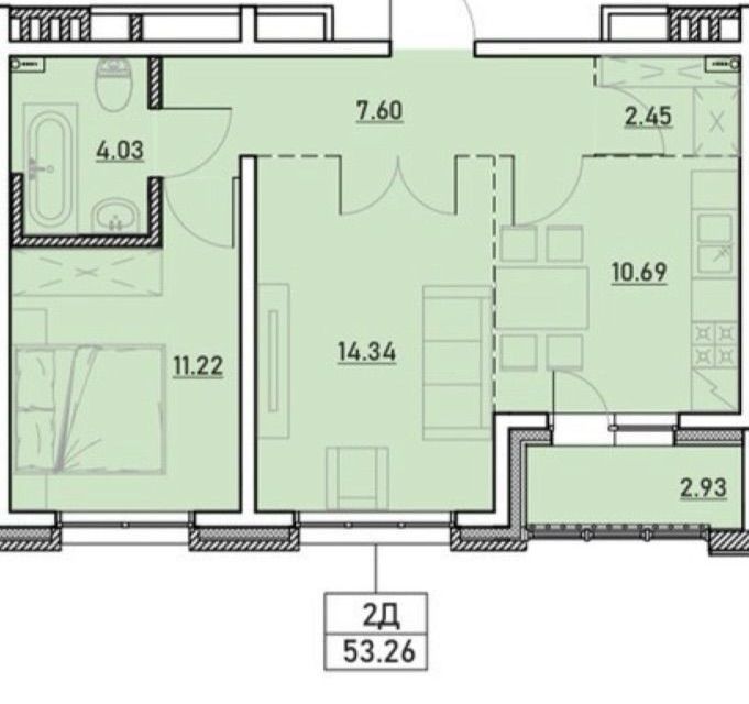 Продаётся 2-комнатная квартира, 53.3 м²