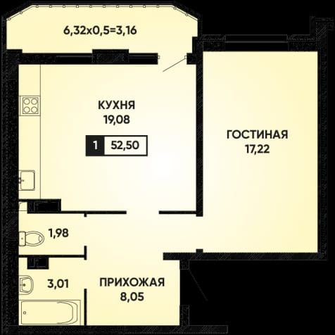 Продаётся 1-комнатная квартира, 52.5 м²