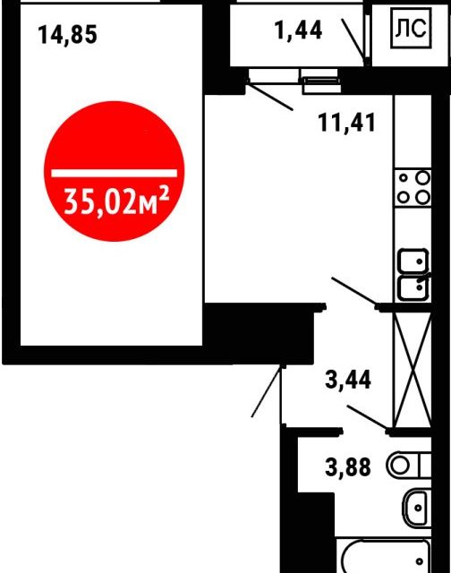Продаётся 1-комнатная квартира, 34.9 м²