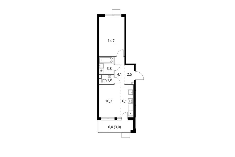 Продаётся 1-комнатная квартира, 46.3 м²