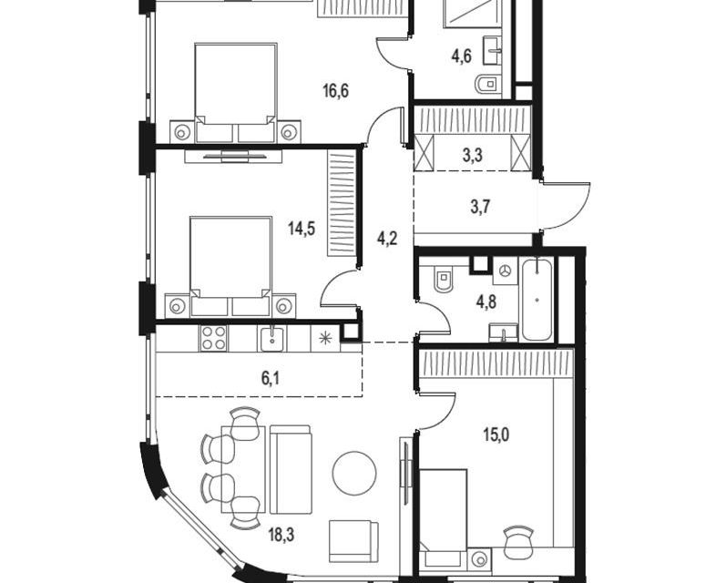 Продаётся 3-комнатная квартира, 91.1 м²