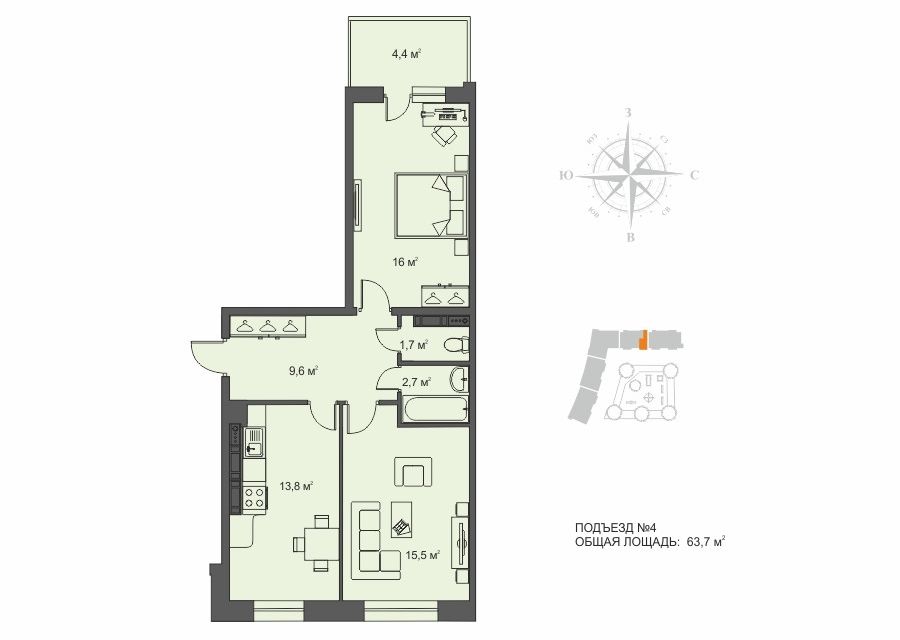 Продаётся 2-комнатная квартира, 58.1 м²