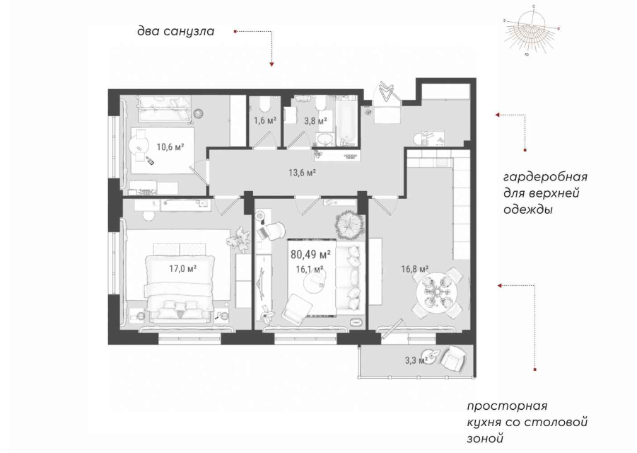 Продаётся 3-комнатная квартира, 80.1 м²