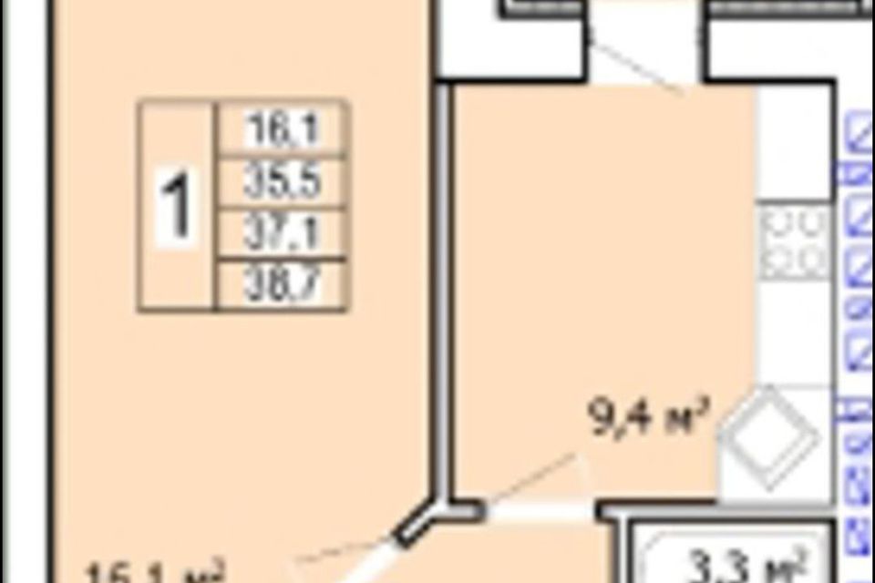 Продаётся 1-комнатная квартира, 39.9 м²