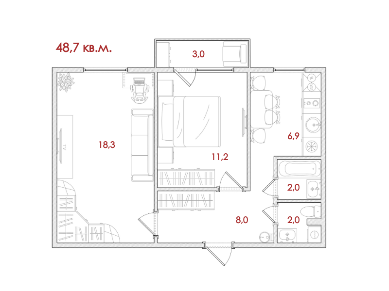 Продаётся 2-комнатная квартира, 48.7 м²