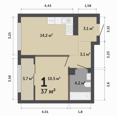 Продаётся 1-комнатная квартира, 37 м²