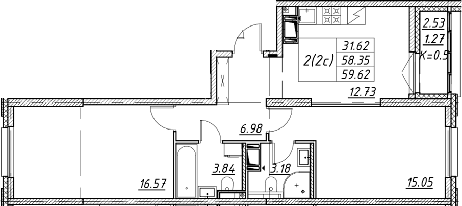 Продаётся 2-комнатная квартира, 59.62 м²