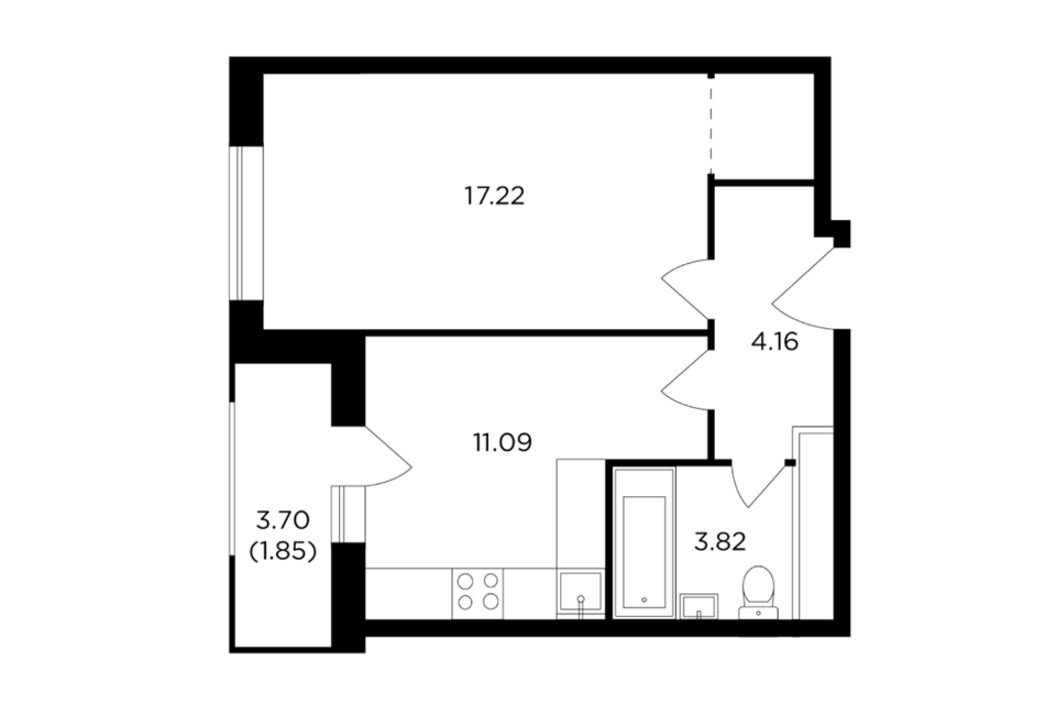 Продаётся 1-комнатная квартира, 38.1 м²