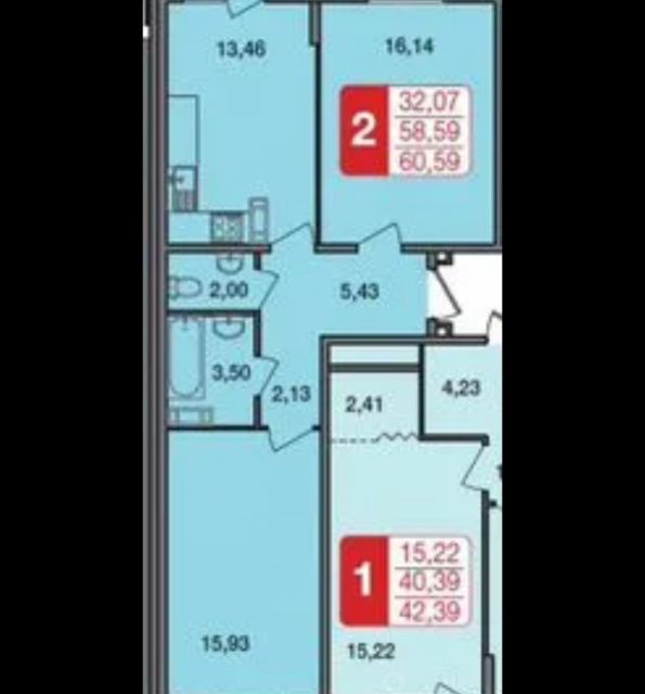 Продаётся 2-комнатная квартира, 60.6 м²