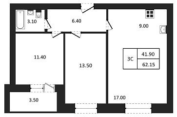 Продаётся 3-комнатная квартира, 62.15 м²