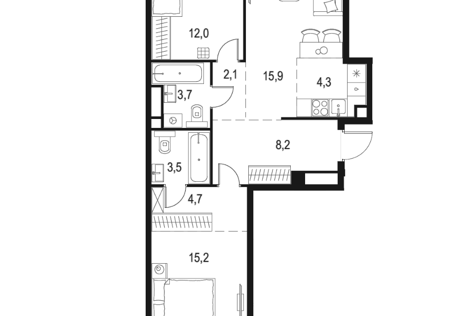 Продаётся 2-комнатная квартира, 69.6 м²