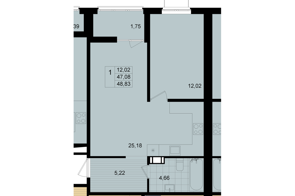 Продаётся 1-комнатная квартира, 47.9 м²