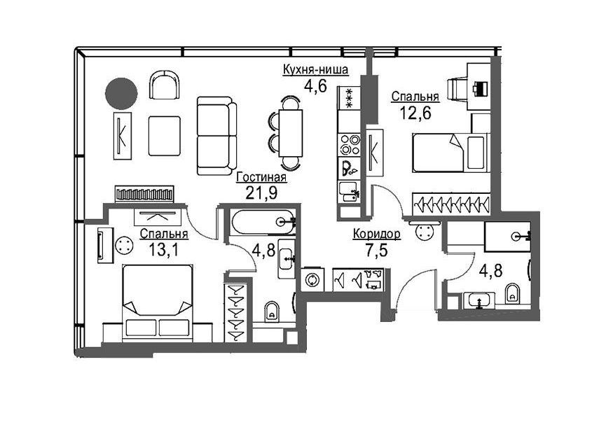 Продаётся 2-комнатная квартира, 66 м²