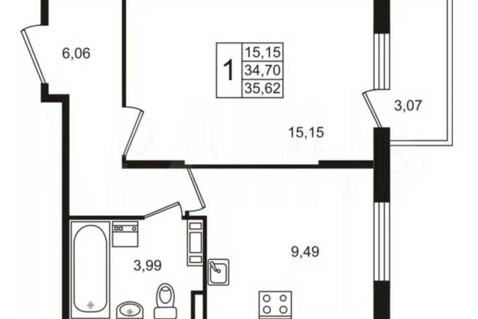 Продаётся 1-комнатная квартира, 34.2 м²
