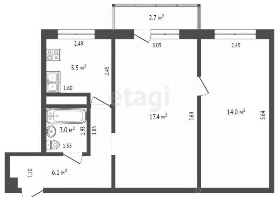 Продаётся 2-комнатная квартира, 44.5 м²