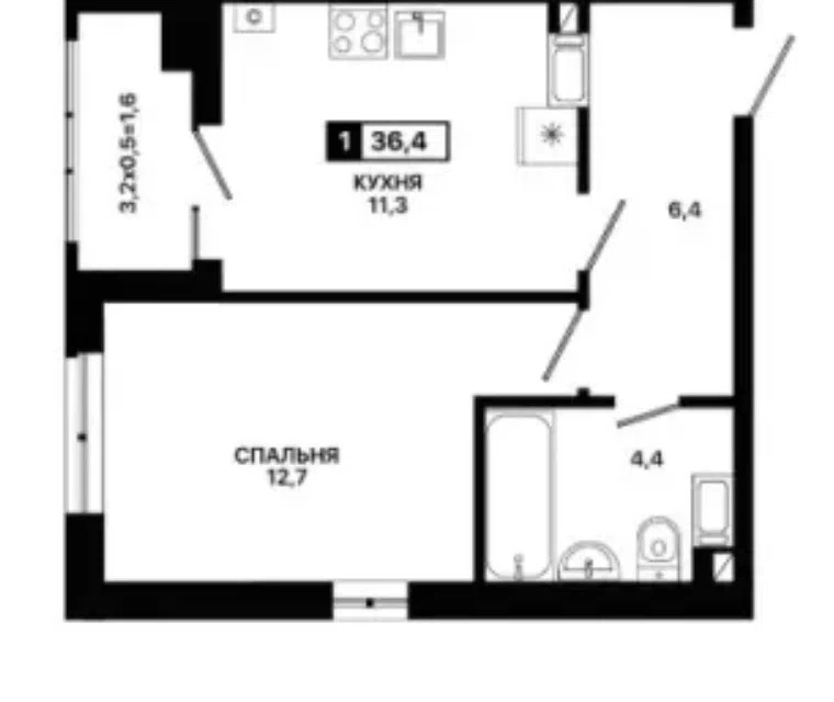 Продаётся 1-комнатная квартира, 36.4 м²
