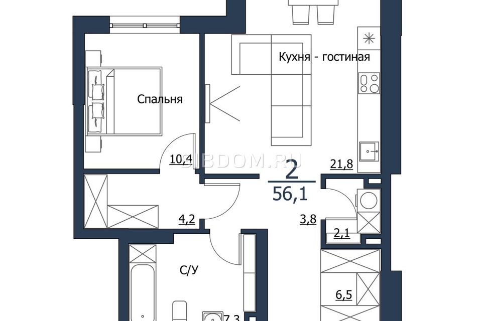 Продаётся 1-комнатная квартира, 56.1 м²