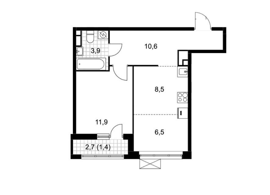 Продаётся 1-комнатная квартира, 42.8 м²