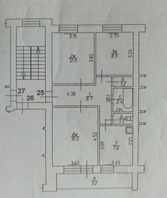 Продаётся 3-комнатная квартира, 57.6 м²