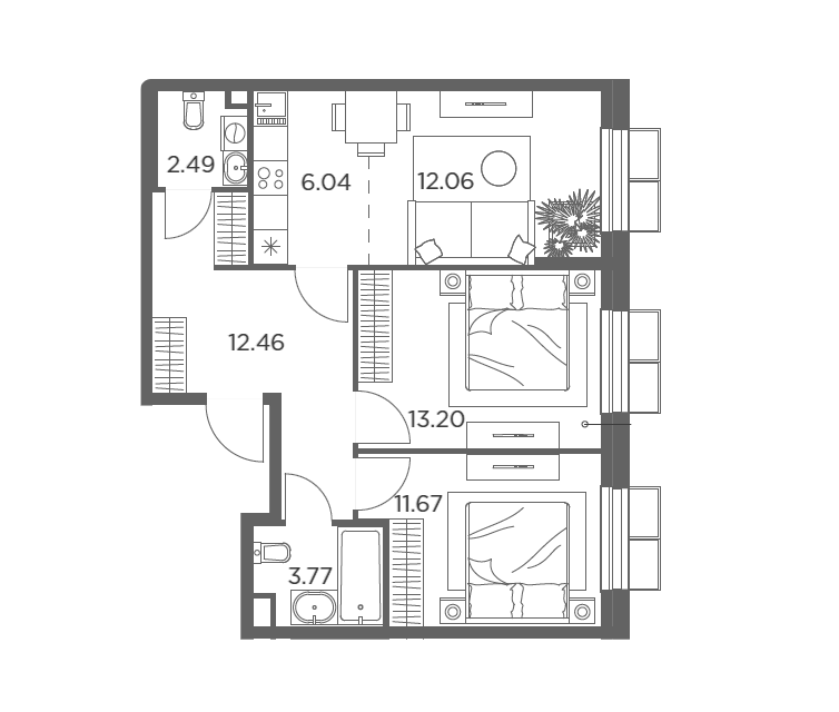 Продаётся 2-комнатная квартира, 61.69 м²