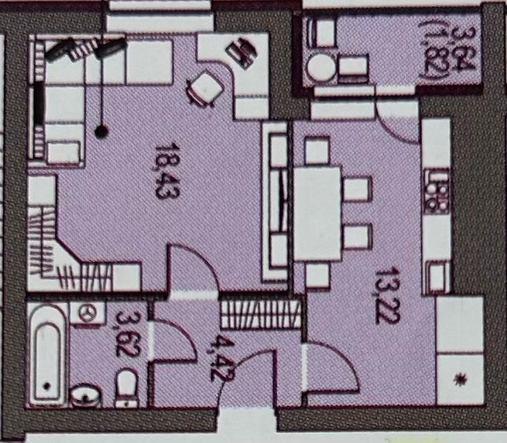 Продаётся 1-комнатная квартира, 41.82 м²