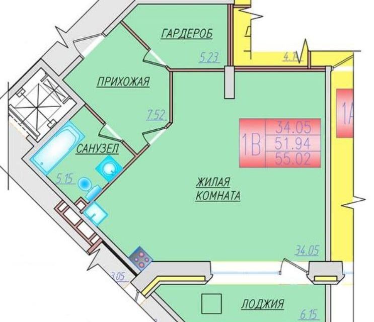Продаётся 1-комнатная квартира, 52.7 м²