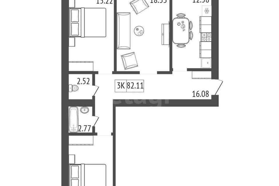 Продаётся 3-комнатная квартира, 83.67 м²