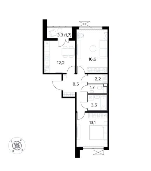 Продаётся 2-комнатная квартира, 58 м²