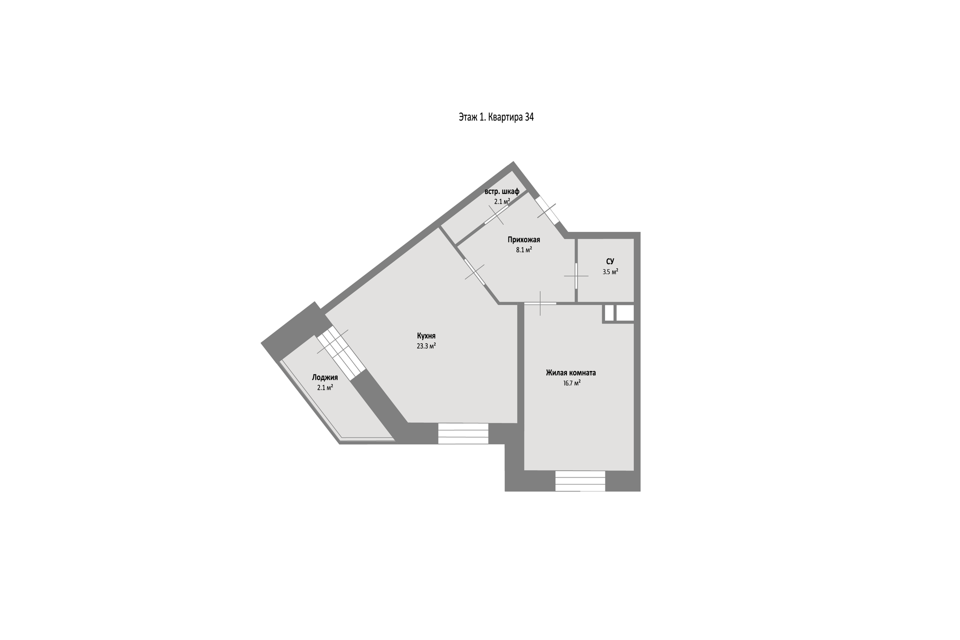 Продаётся 1-комнатная квартира, 53.7 м²
