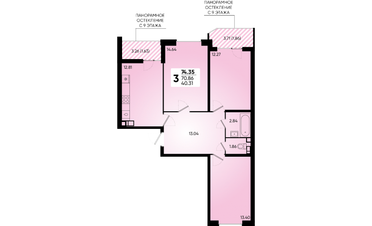 Продаётся 3-комнатная квартира, 74.35 м²