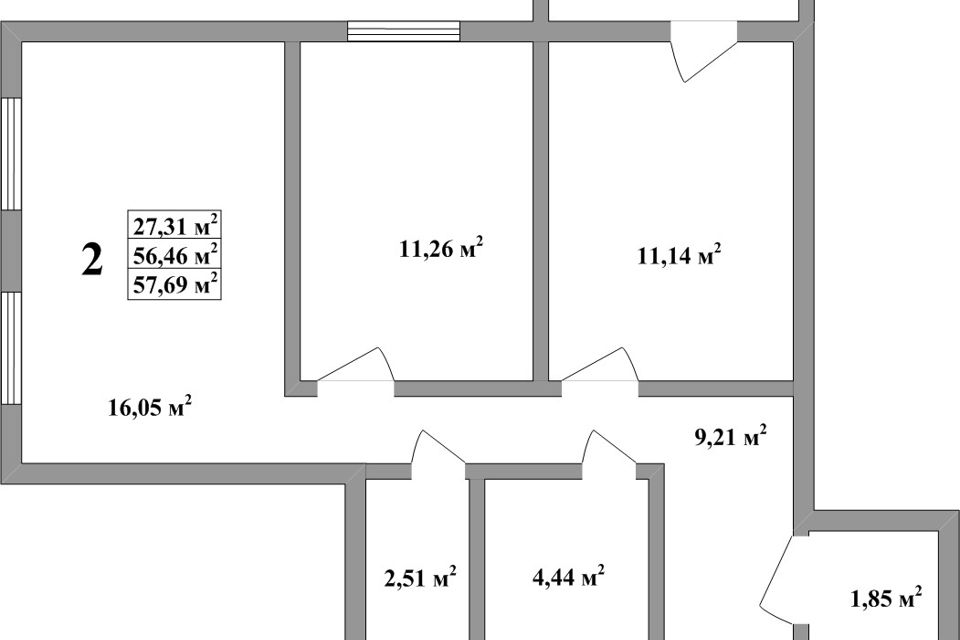 Продаётся 2-комнатная квартира, 56.6 м²
