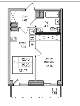 Продаётся 1-комнатная квартира, 35.23 м²