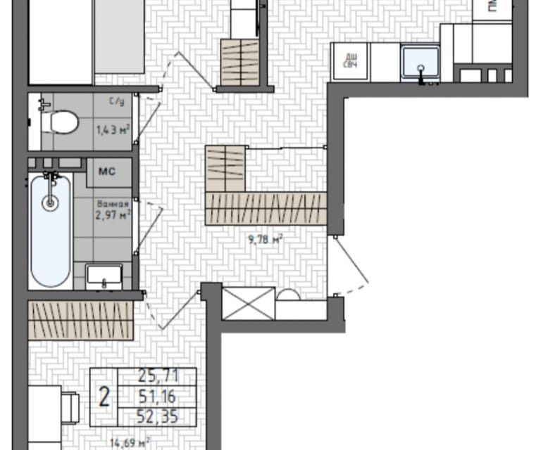 Продаётся 2-комнатная квартира, 52.35 м²
