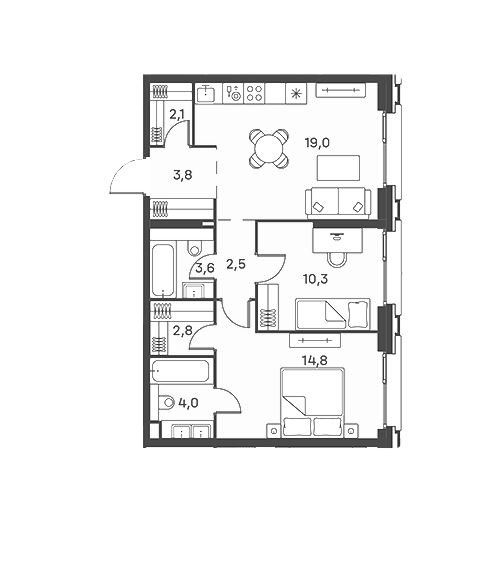 Продаётся 2-комнатная квартира, 62.9 м²