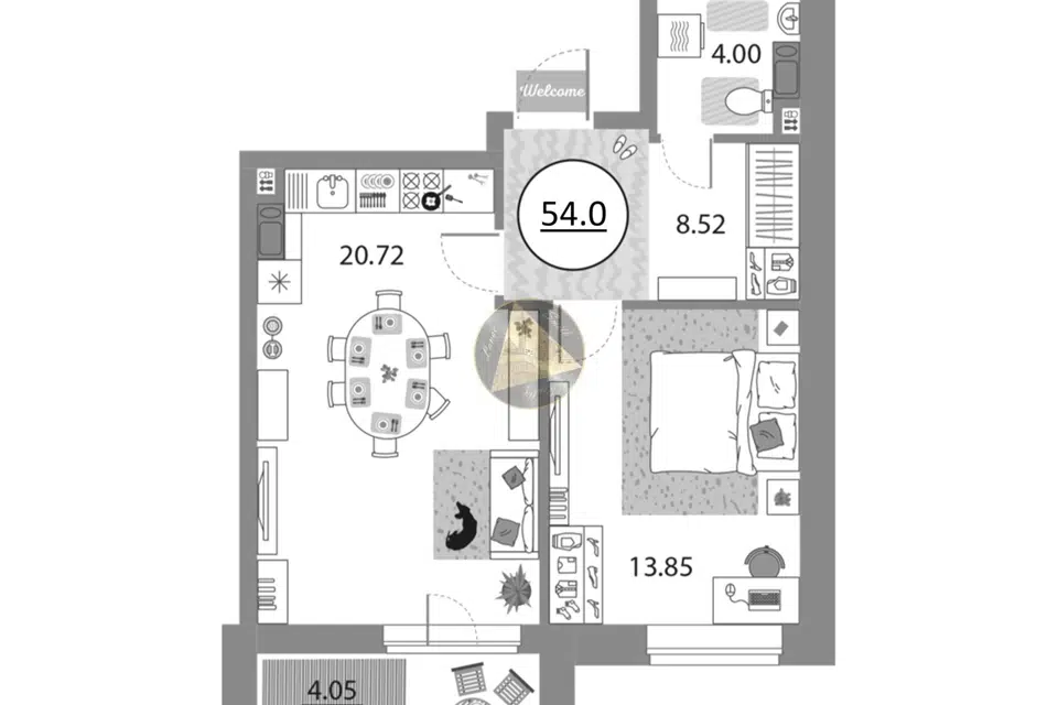 Продаётся 1-комнатная квартира, 54 м²